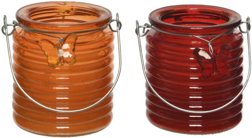 Decoris Set van 2x stuks citronella anti muggen kaarsen windlicht oranje en rood 20 branduren geurkaarsen