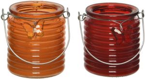Decoris Set van 2x stuks citronella anti muggen kaarsen windlicht oranje en rood 20 branduren geurkaarsen