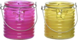 Decoris Set van 2x stuks citronella anti muggen kaarsen windlicht roze en geel 20 branduren geurkaarsen