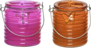 Decoris Set van 2x stuks citronella anti muggen kaarsen windlicht roze en oranje 20 branduren geurkaarsen