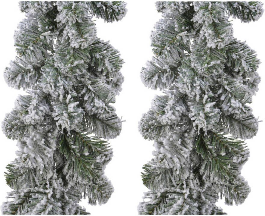 Decoris Set van 2x stuks kerst dennenslinger guirlandes groen met sneeuw 20 x 270 cm Guirlandes