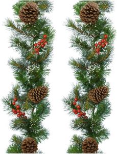 Decoris Set van 2x stuks kerst dennenslinger guirlandes groen met sneeuw en decoratie 270 cm Guirlandes
