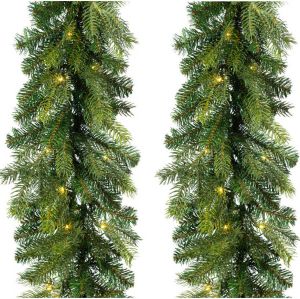 Decoris Set van 2x stuks kerst dennenslinger guirlandes groen met verlichting 20 x 270 cm twinkelend Guirlandes