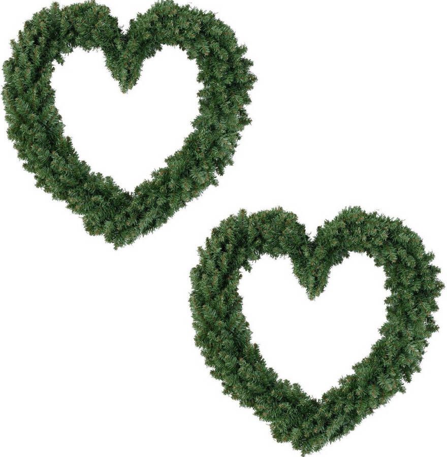 Decoris Set van 2x stuks kerstversiering kerstkrans hart groen 50 cm Kerstkransen