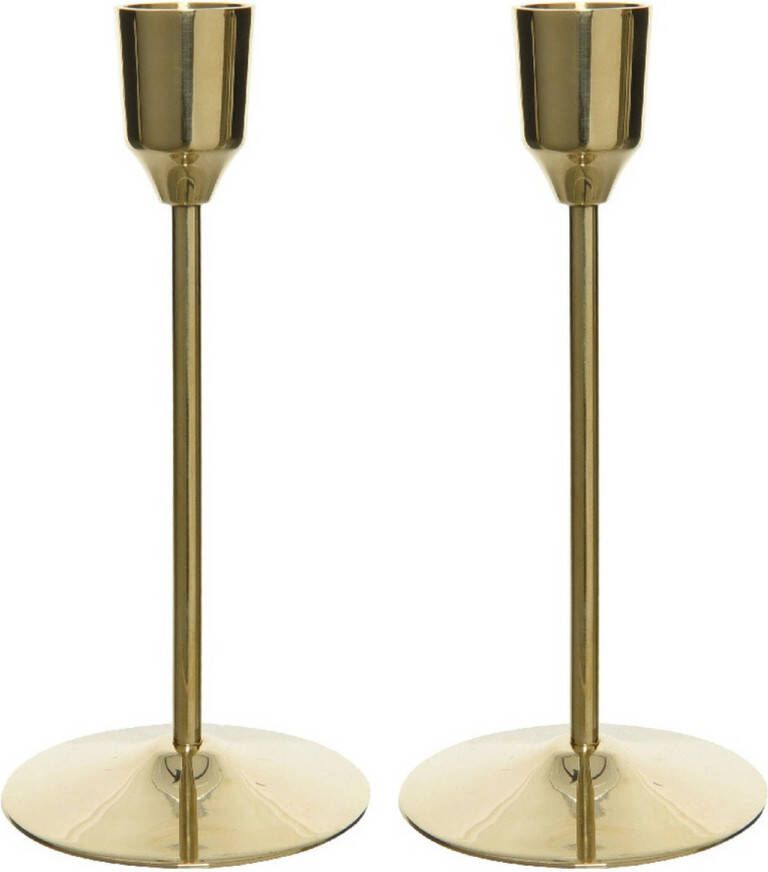 Decoris Set van 2x stuks luxe diner kaarsen staande kandelaar aluminium kleur goud 15 cm kaars kandelaars
