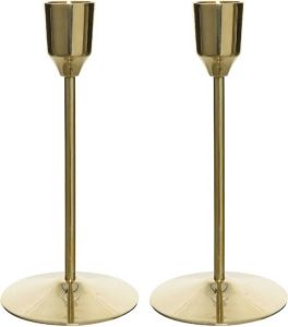 Decoris Set van 2x stuks luxe diner kaarsen staande kandelaar aluminium kleur goud 15 cm Diameter onderkant 7 cm kaars kandelaars