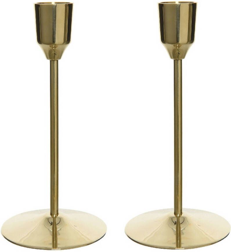 Decoris Set van 2x stuks luxe diner kaarsen staande kandelaar aluminium kleur goud 20 cm kaars kandelaars