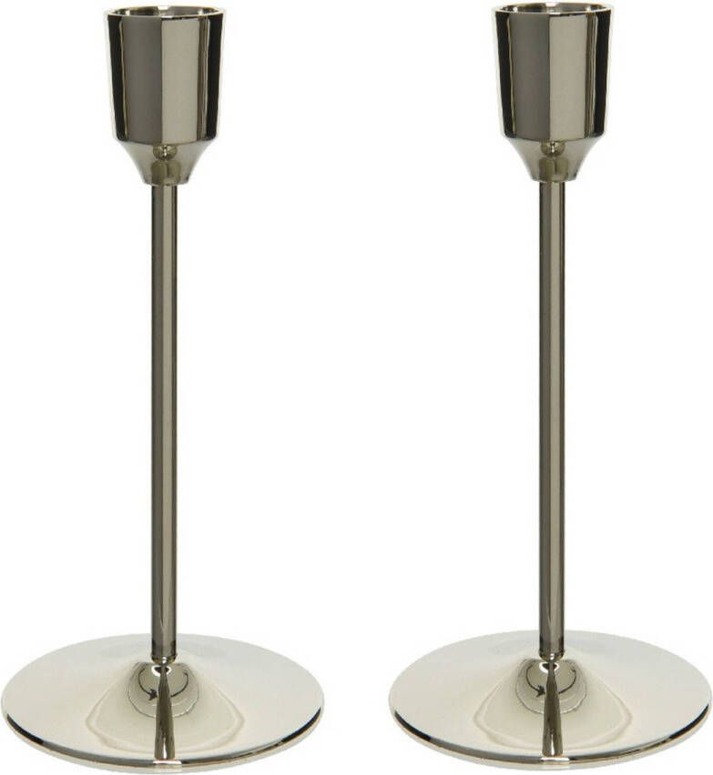 Decoris Set van 2x stuks luxe diner kaarsen staande kandelaar aluminium kleur zilver 20 cm kaars kandelaars