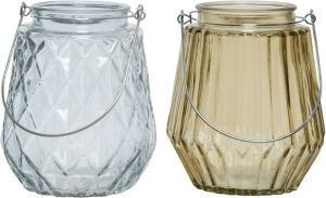 Decoris Set van 2x stuks theelichthouders waxinelichthouders ruit streep glas ijsblauw en taupe met metalen handvat 11 x 13 cm Waxinelichtjeshouders