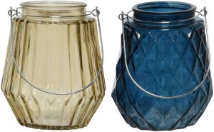 Decoris Set van 2x stuks theelichthouders waxinelichthouders ruit streep glas taupe en donkerblauw met metalen handvat 11 x 13 cm Waxinelichtjeshouders