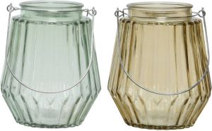 Decoris Set van 2x stuks theelichthouders waxinelichthouders streep glas taupe en mistgroen met metalen handvat 11 x 13 cm Waxinelichtjeshouders
