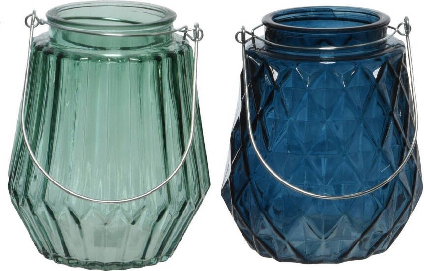 Decoris Set van 2x stuks theelichthouders waxinelichthouders glas zeegroen en donkerblauw 11 x 13 cm Waxinelichtjeshouders