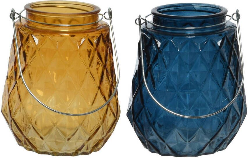 Decoris Set van 2x stuks theelichthouders waxinelichthouders ruitjes glas cognac oranje en donkerblauw met metalen handvat 11 x 13 cm Waxinelichtjeshouders