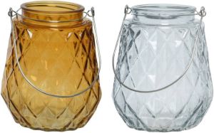 Decoris Set van 2x stuks theelichthouders waxinelichthouders ruitjes glas cognac oranje en ijsblauw met metalen handvat 11 x 13 cm Waxinelichtjeshouders