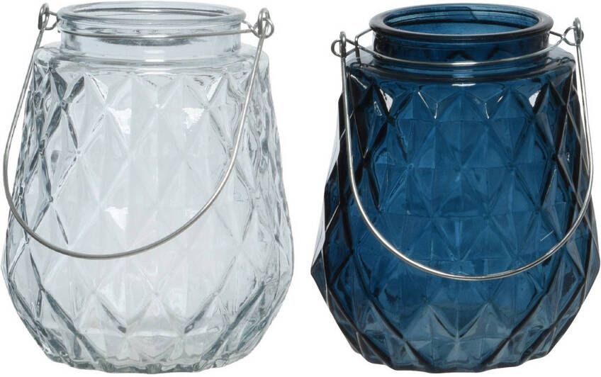 Decoris Set van 2x stuks theelichthouders waxinelichthouders ruitjes glas ijsblauw en donkerblauw met metalen handvat 11 x 13 cm Waxinelichtjeshouders