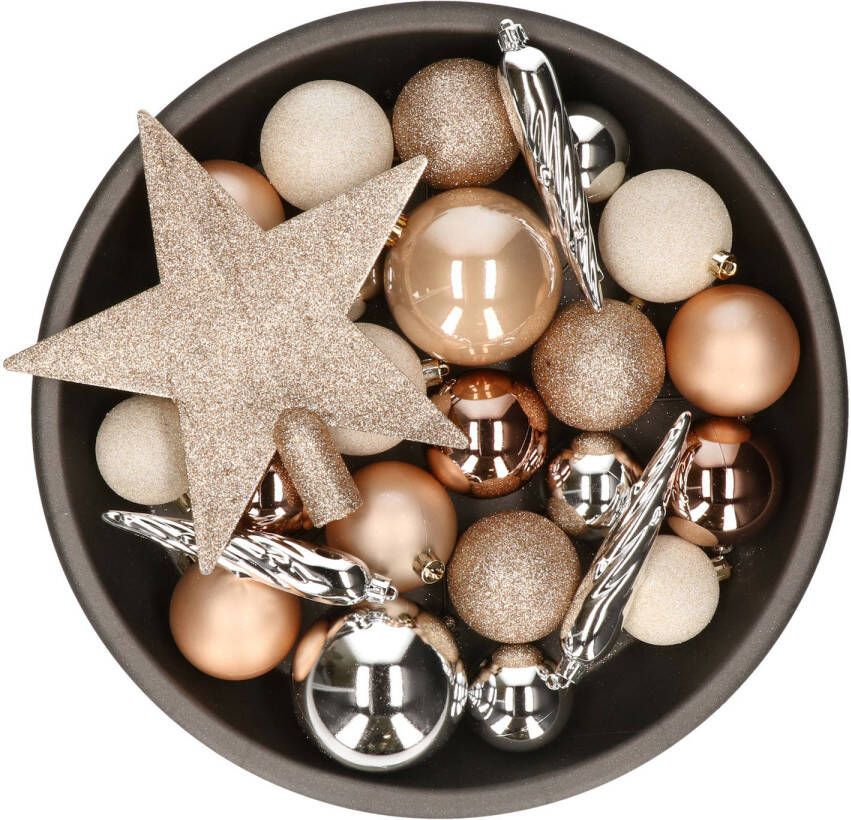 Decoris Set van 33x stuks kunststof kerstballen met ster piek bruin wit zilver mix Kerstbal