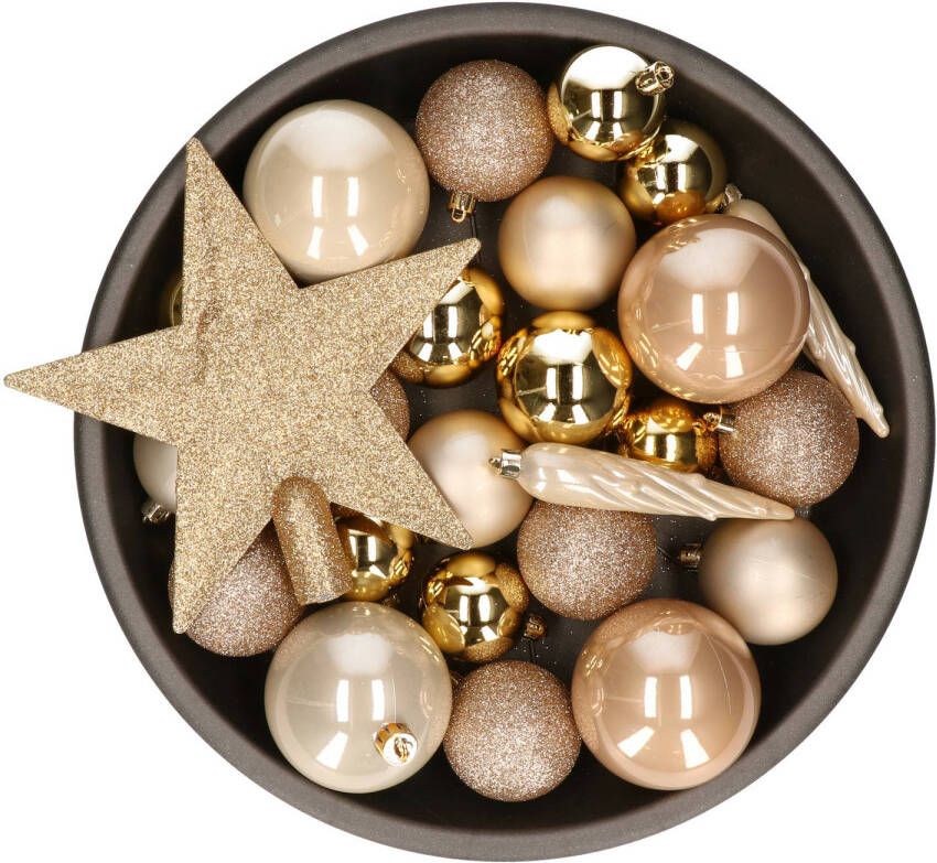 Decoris Set van 33x stuks kunststof kerstballen met ster piek goud champagne bruin mix Kerstbal