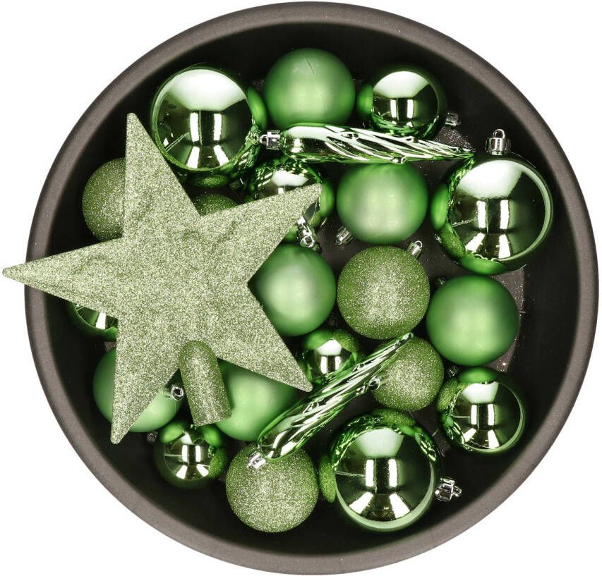 Decoris Set van 33x stuks kunststof kerstballen met ster piek groen mix Kerstbal