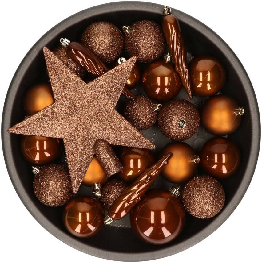 Decoris Set van 33x stuks kunststof kerstballen met ster piek kaneel bruin mix Kerstbal