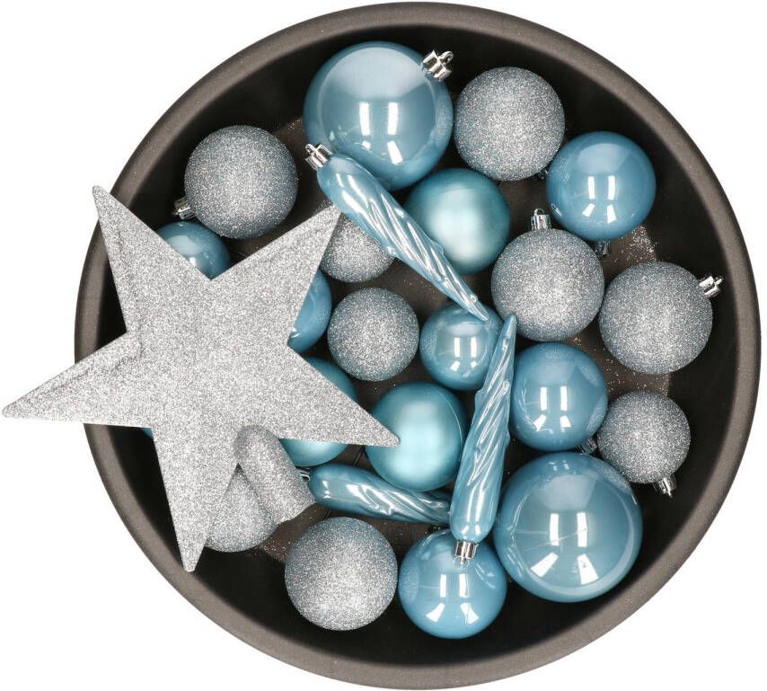 Decoris Set van 33x stuks kunststof kerstballen met ster piek lichtblauw mix Kerstbal