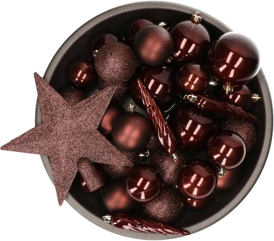 Decoris Set van 33x stuks kunststof kerstballen met ster piek mahonie bruin mix Kerstbal