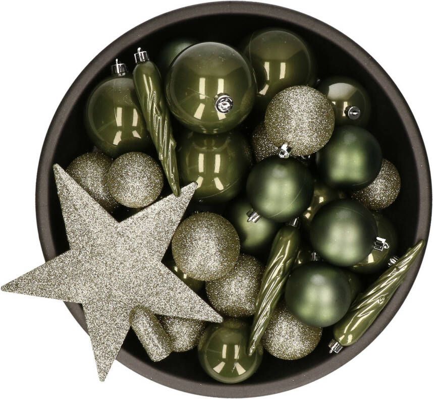 Decoris Set van 33x stuks kunststof kerstballen met ster piek mos groen mix Kerstbal