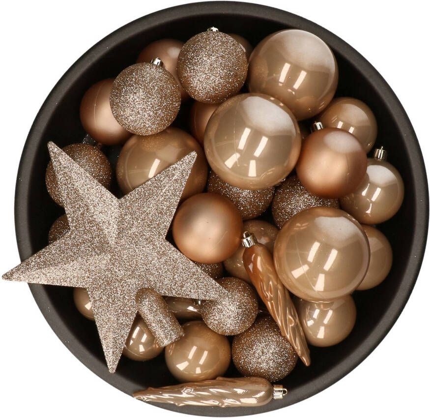 Decoris Set van 33x stuks kunststof kerstballen met ster piek toffee bruin mix Kerstbal