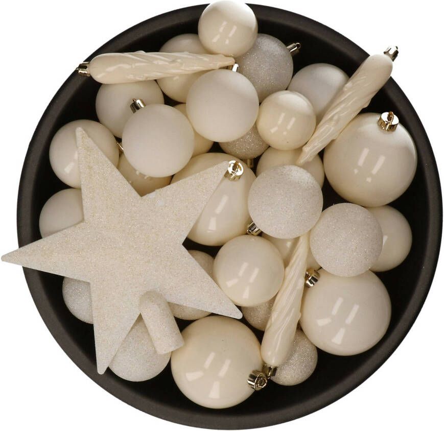 Decoris Set van 33x stuks kunststof kerstballen met ster piek wol wit mix Kerstbal