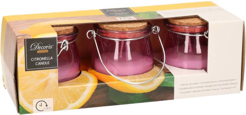 Decoris Set van 3x stuks anti muggen Citronella kaars in paars glazen potje Geurkaarsen citrus geur Anti-muggen kaarsen geurkaarsen