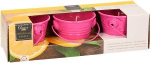 Decoris Set van 3x stuks anti muggen Citronella kaarsjes in roze zinken potje Geurkaarsen citrus geur Anti-muggen kaarsen geurkaarsen