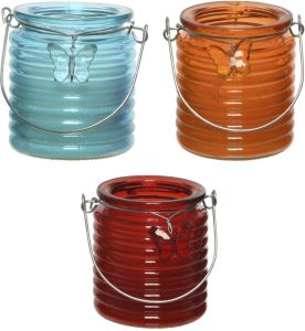 Decoris Set van 3x stuks citronella anti muggen kaarsen windlicht blauw oranje en rood 20 branduren geurkaarsen