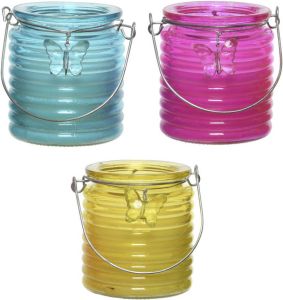 Decoris Set van 3x stuks citronella anti muggen kaarsen windlicht blauw roze en geel 20 branduren geurkaarsen