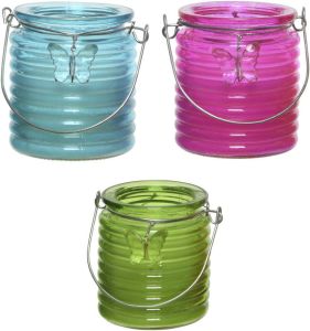 Decoris Set van 3x stuks citronella anti muggen kaarsen windlicht blauw roze en groen 20 branduren geurkaarsen