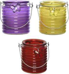 Decoris Set van 3x stuks citronella anti muggen kaarsen windlicht paars geel en rood 20 branduren geurkaarsen