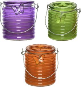 Decoris Set van 3x stuks citronella anti muggen kaarsen windlicht paars groen en oranje 20 branduren geurkaarsen