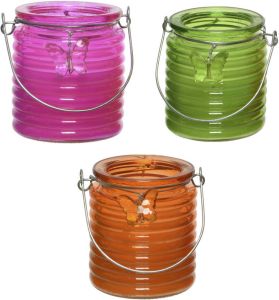 Decoris Set van 3x stuks citronella anti muggen kaarsen windlicht roze groen en oranje 20 branduren geurkaarsen