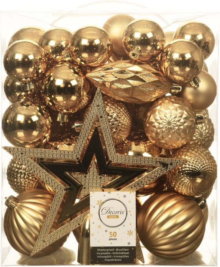 Decoris Set van 49x stuks kunststof kerstballen met ster piek goud mix Kerstbal