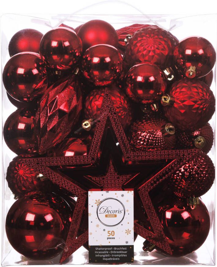 Decoris Set van 49x stuks kunststof kerstballen met ster piek rood mix Kerstbal