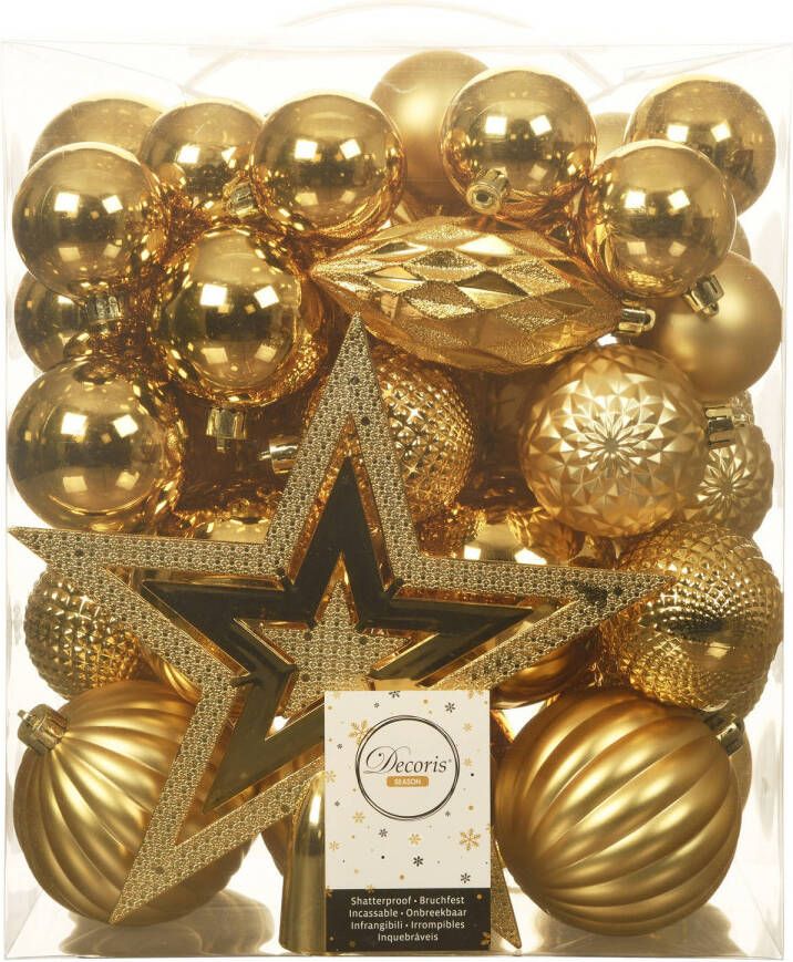 Decoris Set van 55x stuks kunststof kerstballen incl. ster piek goud Kerstbal