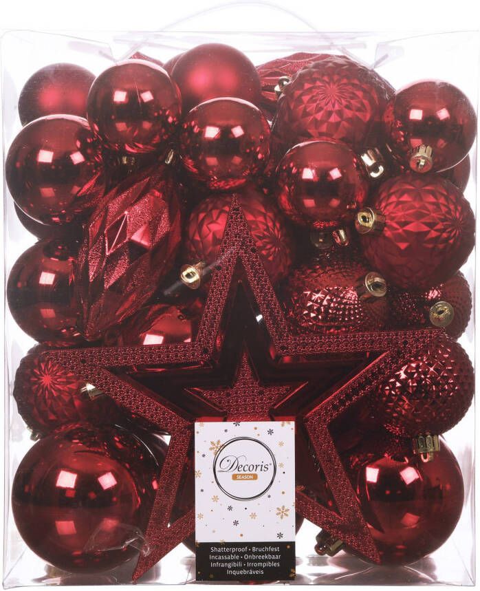 Decoris Set van 55x stuks kunststof kerstballen incl. ster piek rood Kerstbal