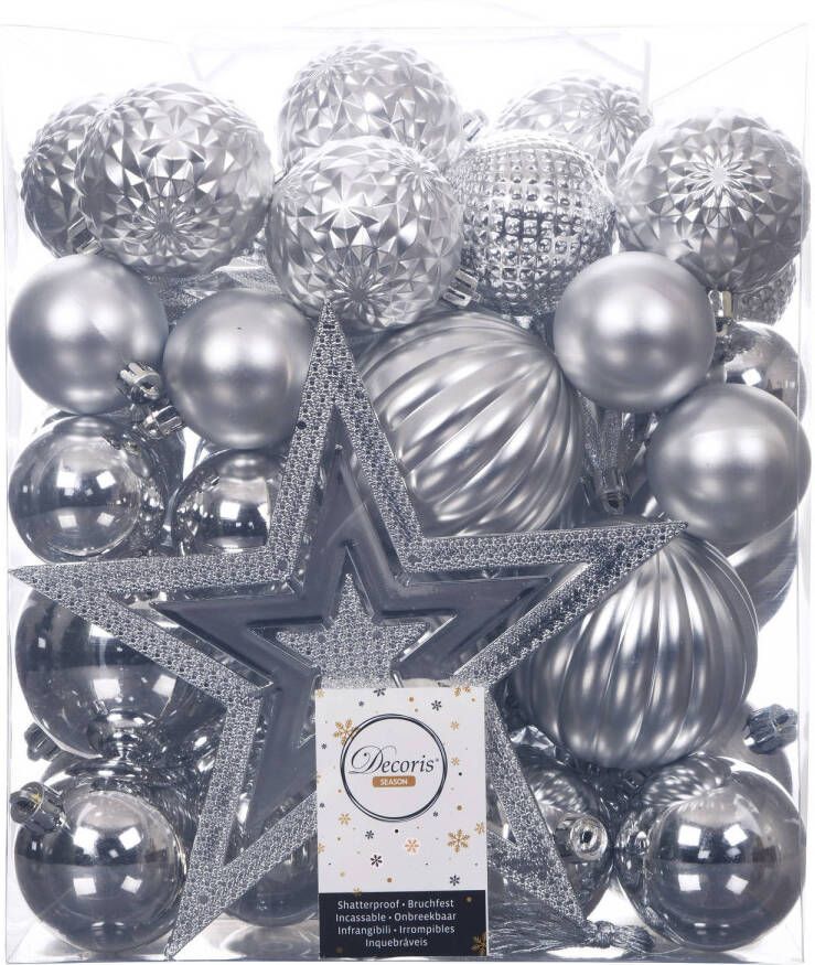 Decoris Set van 55x stuks kunststof kerstballen incl. ster piek zilver Kerstbal
