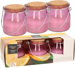 Decoris Set van 6x stuks anti muggen Citronella kaars in paars glazen potje Geurkaarsen citrus geur Anti-muggen kaarsen geurkaarsen