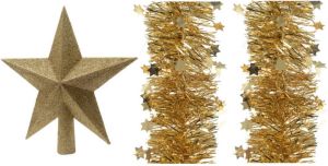 Decoris Set van een kerst ster piek en 2x stuks kerstslingers goud 270 x 10 cm kerstboompieken