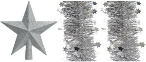 Decoris Set van een kerst ster piek en 2x stuks kerstslingers zilver 270 x 10 cm kerstboompieken