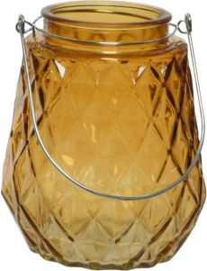 Decoris Theelichthouders waxinelichthouders ruitjes glas cognac oranje met metalen handvat 11 x 13 cm Waxinelichtjeshouders