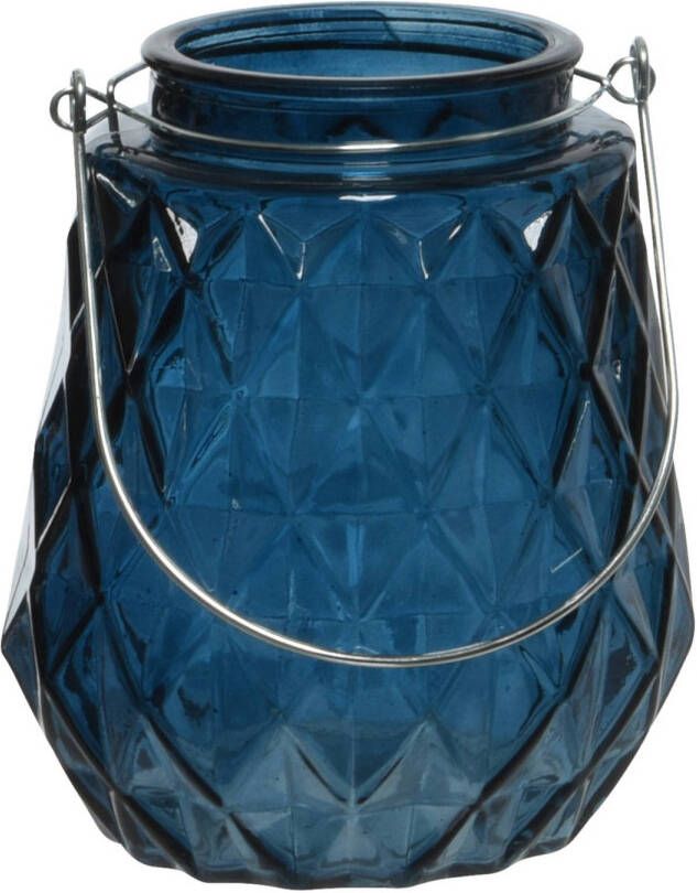 Decoris Theelichthouders waxinelichthouders ruitjes glas donkerblauw met metalen handvat 11 x 13 cm Waxinelichtjeshouders