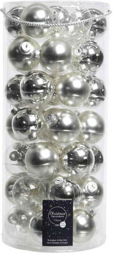 Decoris Tube met 49 zilveren kerstballen van glas 6 cm Kerstbal