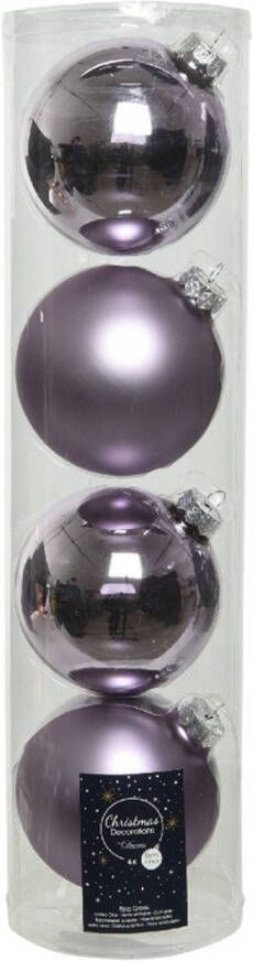 Decoris Tubes met 4x lila paarse kerstballen van glas 10 cm glans en mat Kerstbal