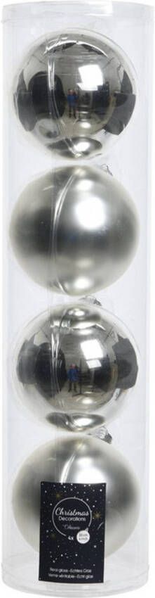 Decoris Tubes met 12x zilveren kerstballen van glas 10 cm glans en mat Kerstbal