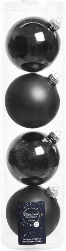 Decoris Tubes met 4x zwarte kerstballen van glas 10 cm glans en mat Kerstbal